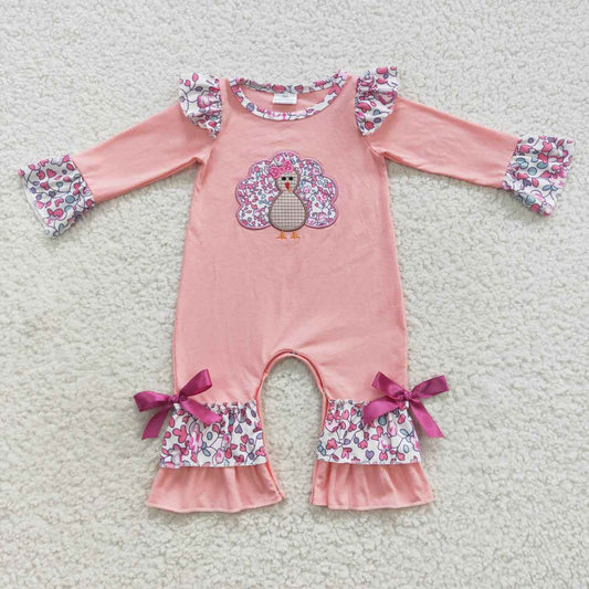 LR0358 Newborn Baby Girls Thanksgiving Embroidery Turkey Pink Romper