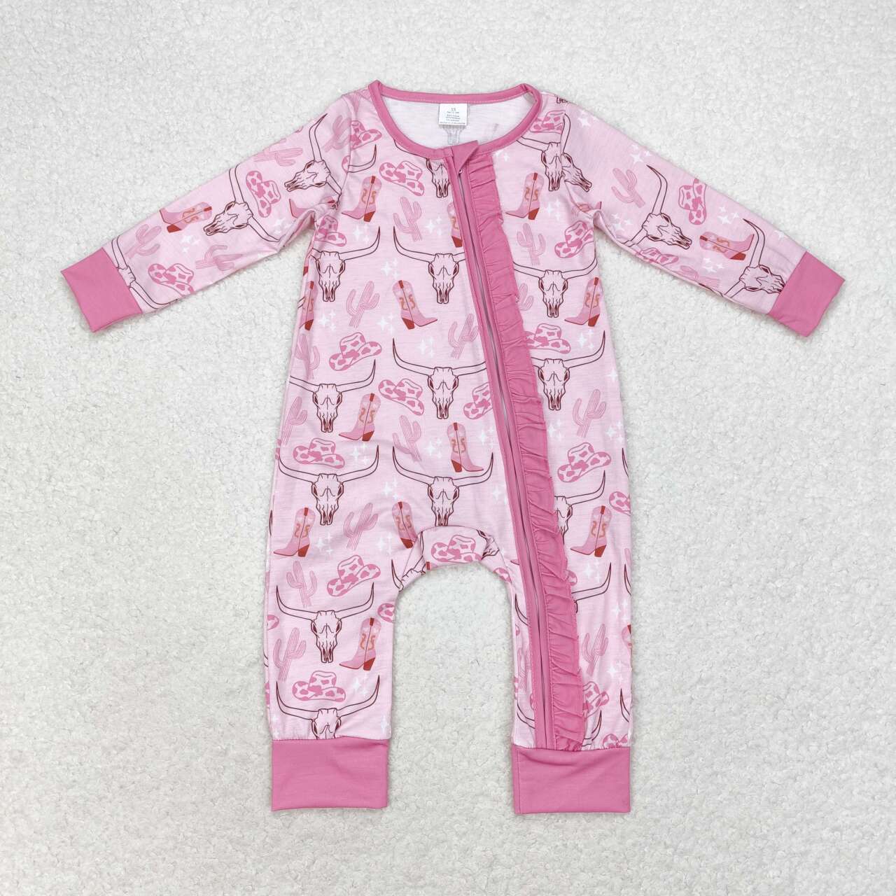 Baby Girls Cow Skull Pink Ruffle Zip Long Sleeve Bamboo Rompers
