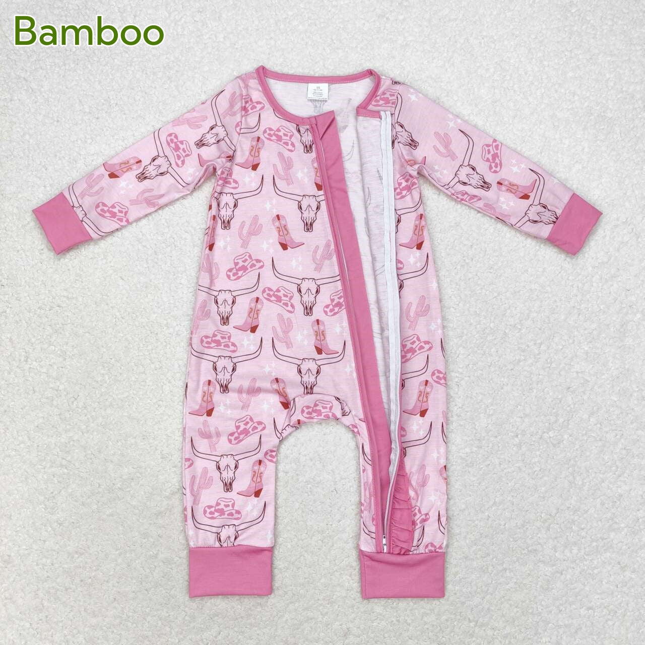 Baby Girls Cow Skull Pink Ruffle Zip Long Sleeve Bamboo Rompers