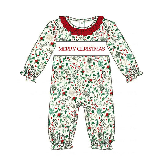 Baby Girls  Merry Christmas Holly Long Sleeve Romper Preorder