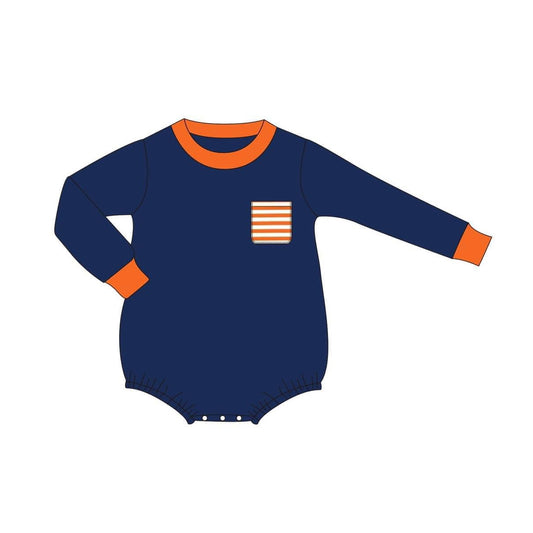 Baby Boys Navy Romper With Orange Pocket Preorder