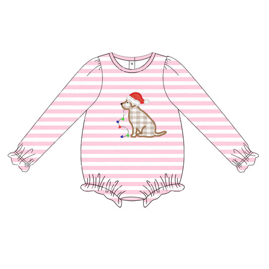 LR1306 Baby Girls Christmas Dog Pink Striped Romper Preorder