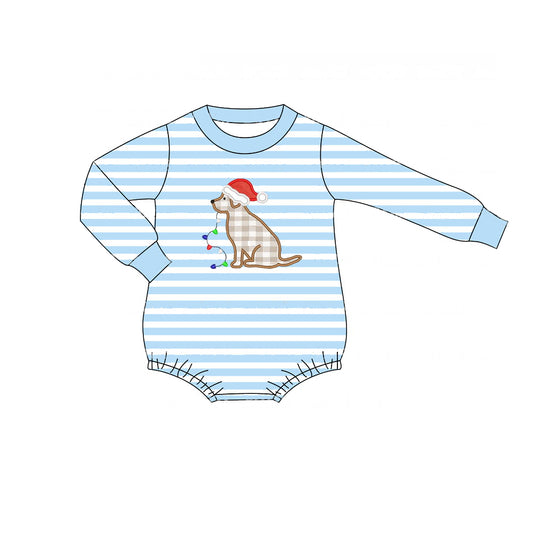 LR1307 Baby Boys Christmas Dog Blue Striped Romper Preorder