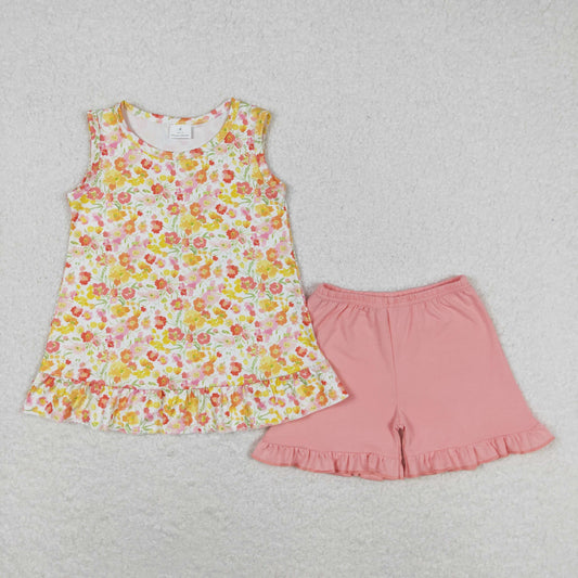 Summer Baby Girls Orange Flower Top Ruffle Shorts Set