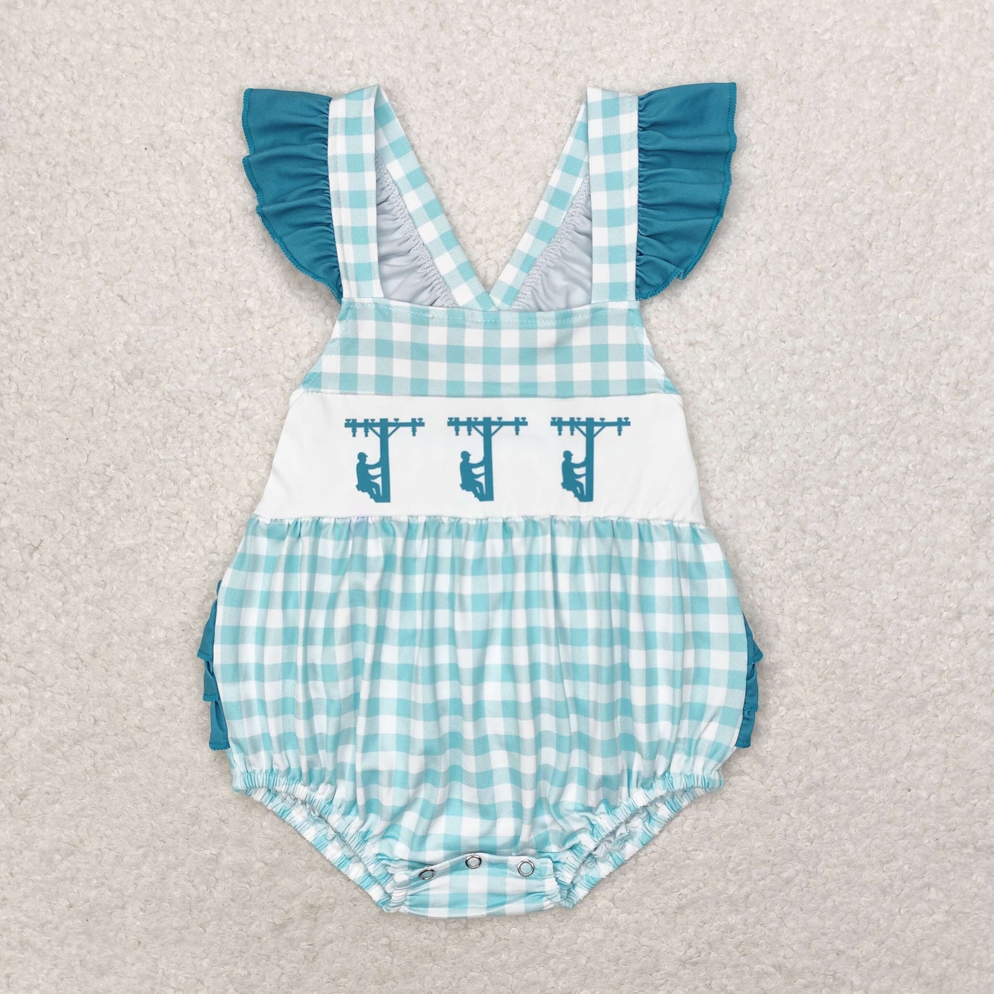 Baby Girls Green Checkered Line Workers Summer Straps Rompers