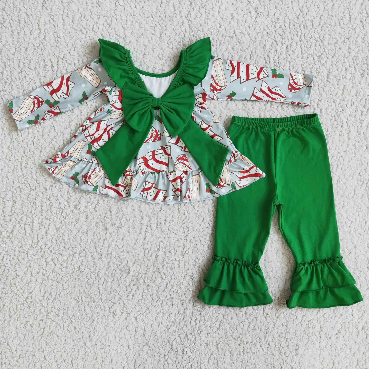 Girls Christmas Outfit With Green Bow on the Back