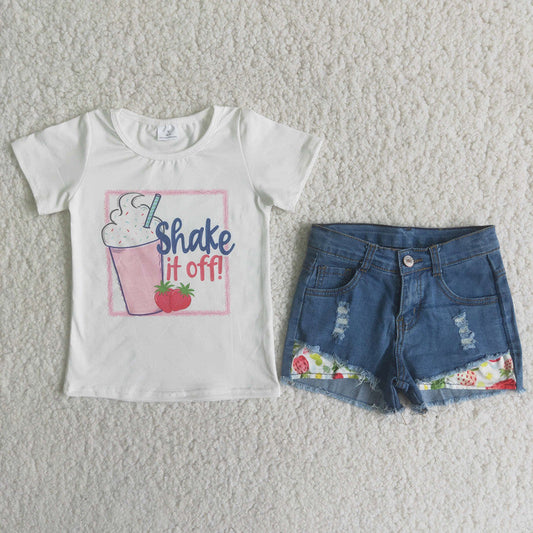Summer Kids Girls strawberry  Top Denim Shorts Outfit