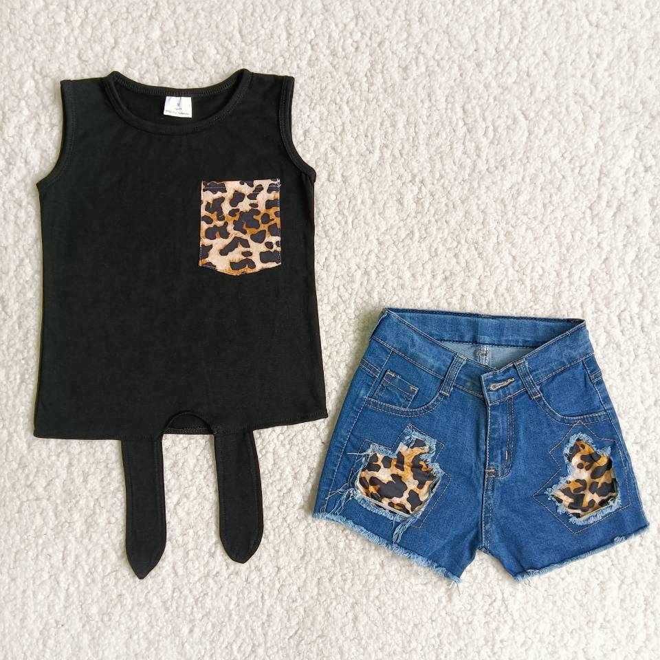 Summer Girls Black Sleeve Top Leopard Pocket Denim Shorts Outfit