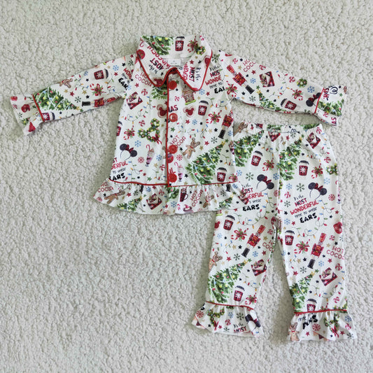 Girls Christmas Pajamas Set With Buttons