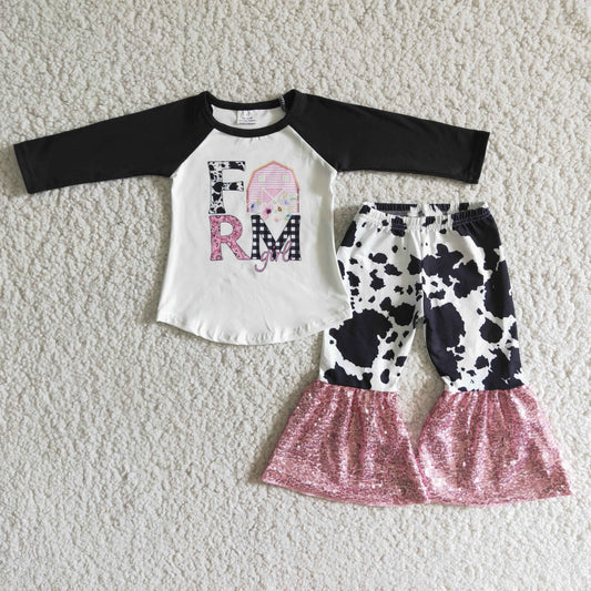 Girl Farm Set With Pink Sequin Ruffle
