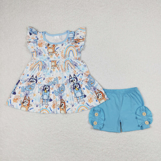 Baby Girls Summer Cartoon Blue Dog Shorts Set