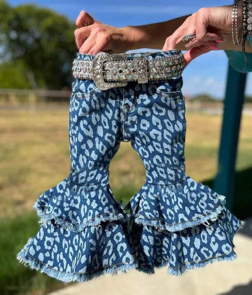 Blue Leopard Ruffle Denim Pants