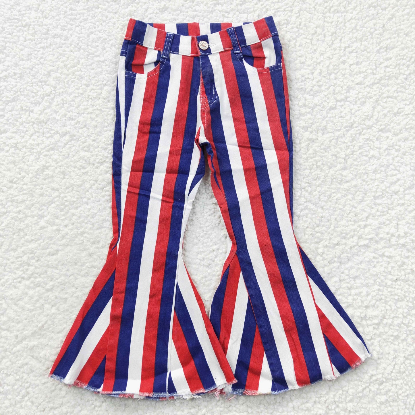 Kids Girls Denim Pants July 4th Reb Blue White Striped Bell Bottom Pants P0105
