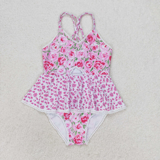 S0388 Baby Girls  Pink Flower One-piece Swimsuit Beach Wear