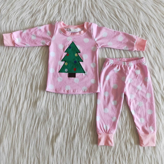 Baby Girls Cute Christmas Tree Pink Polka Dot Pajamas Set