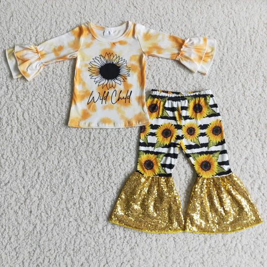 Promotion Girls Sunflower Top Yellow Sequin Ruffle Pants Set