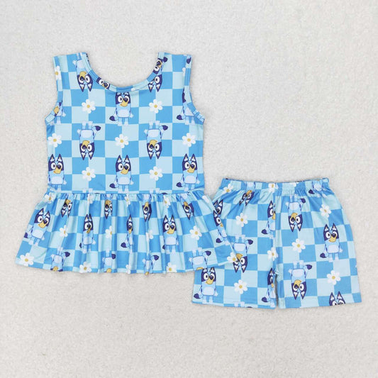 Summer Baby Girls Cartoon Blue Dog Shorts Set