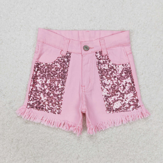 SS0230 Kids Girls Pink Sequin Denim Shorts