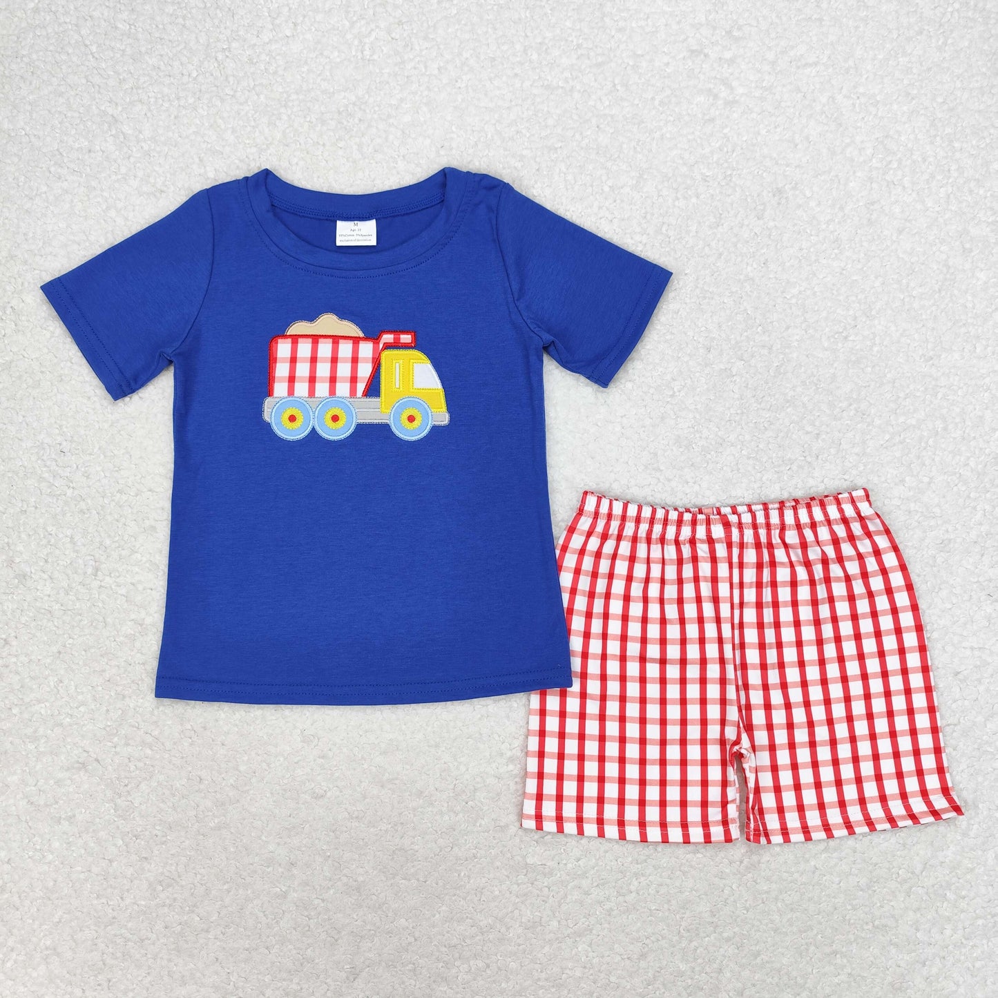 BSSO0857 Baby Boys Red Checkered Dump Truck Shirt Top Shorts Clothes Sets