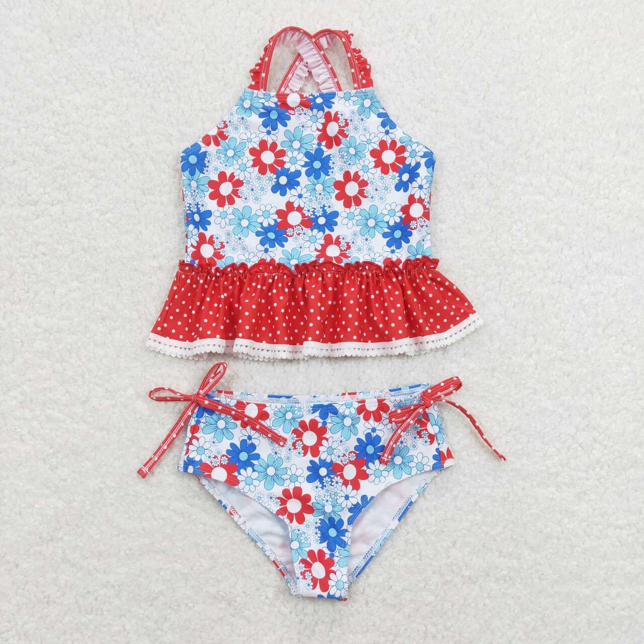 Girls Blue Red Flower Print Two Piece Swimsuit