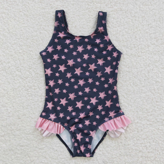S0048  Girls Summer Pink Stars Swimsuit