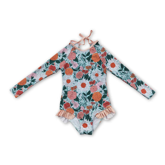 S0084 Long sleeves peach floral baby girls swimsuit