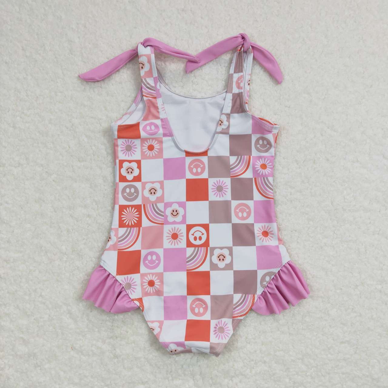 S0150  Baby Girls Happy Face Checkerboard  Swimsuit