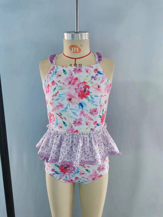 (Pre-order) S0162 Baby Girls Purple Flower Summer two pieces swimsuits