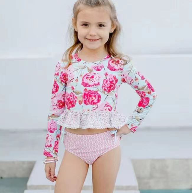 (Pre-order) S0167  Baby Girls Long Sleeve Flower Print two pieces swimsuits