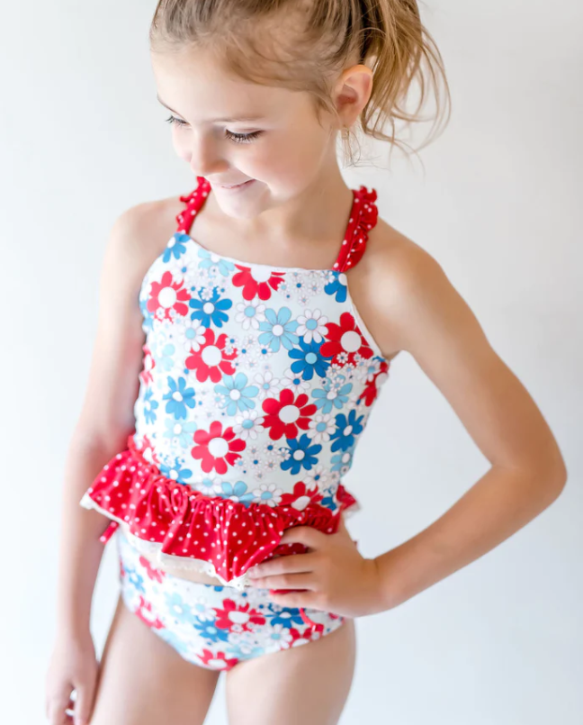 Girls Blue Red Flower Print Two Piece Swimsuit