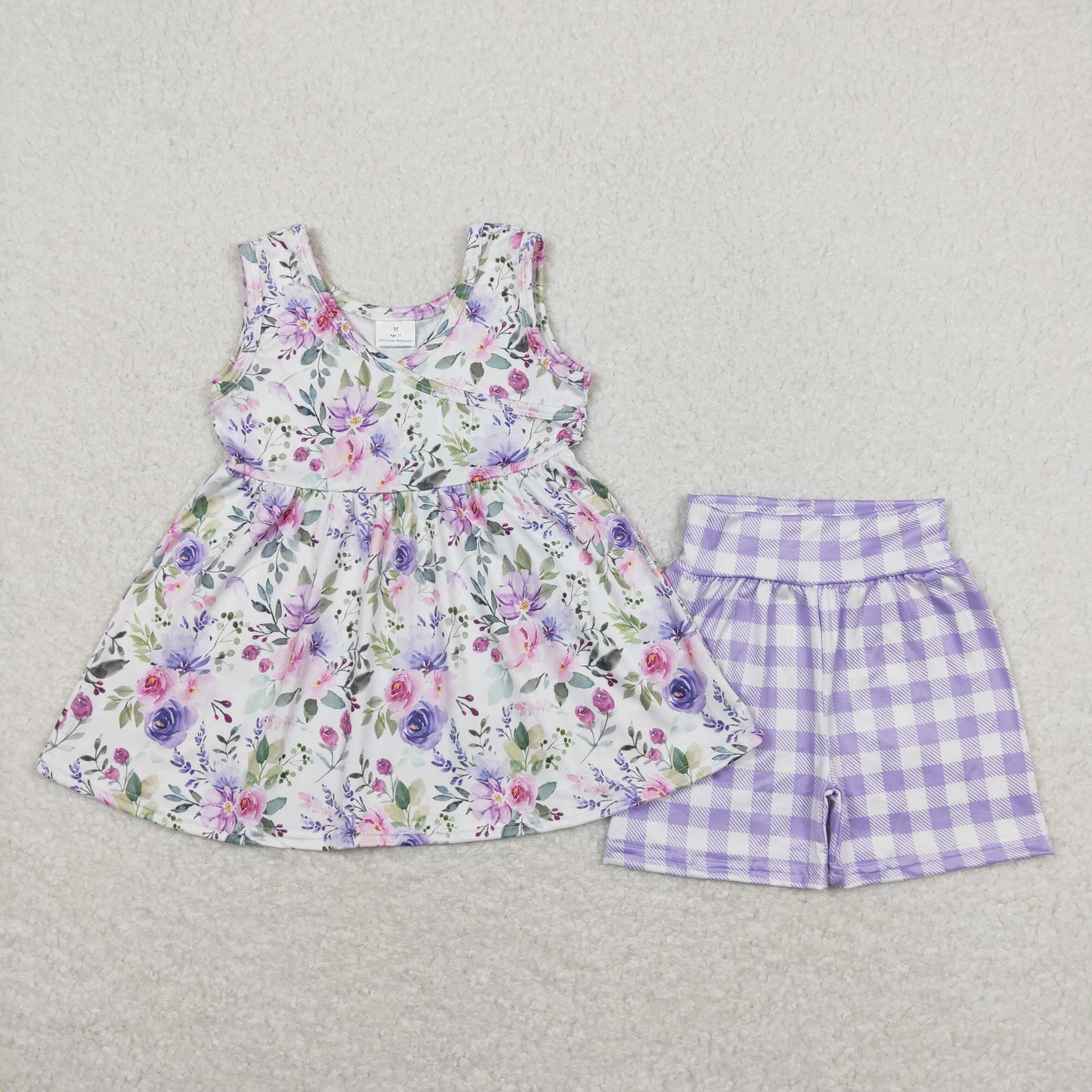 Summer Sister Clothing Floral Sleeveless Tunic Top Matching Purple Shorts Set