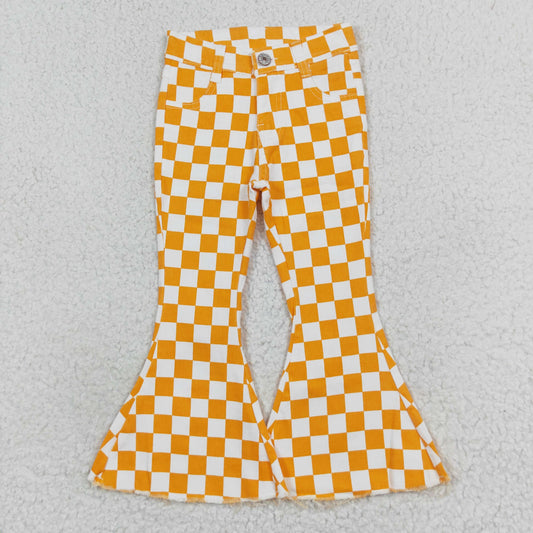 Kids Girls Orange Checker Denim Bell Bottom Pants
