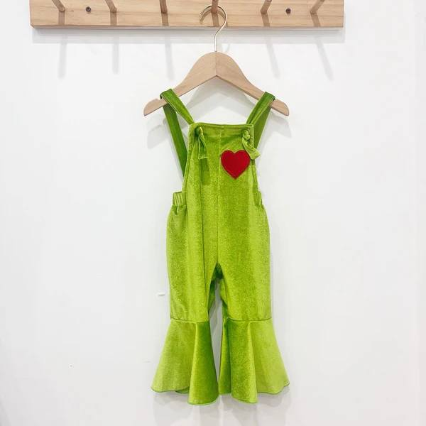 SR1936 Baby Girls Christmas Green Velvet Jumpsuit With Red Heart Preorder