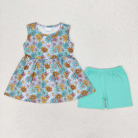Summer Baby Girls  Daisy Flower Top Matching Green Shorts Set