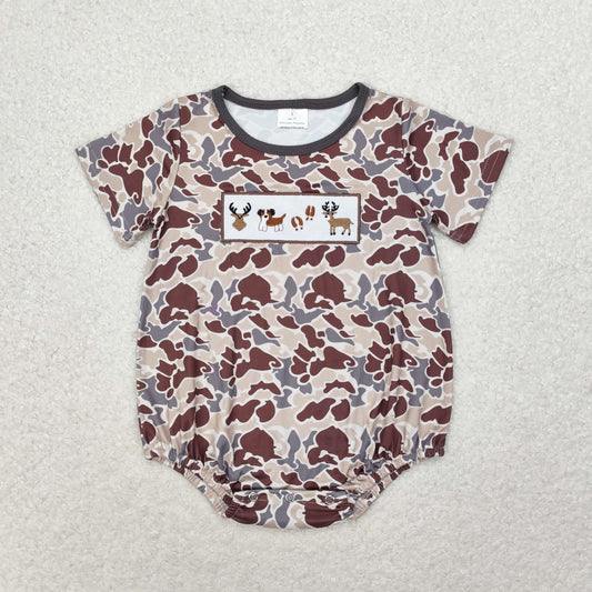 Baby Boys Embroidery Camo Deer Hunting Dogs Short Sleeve Summer Rompers