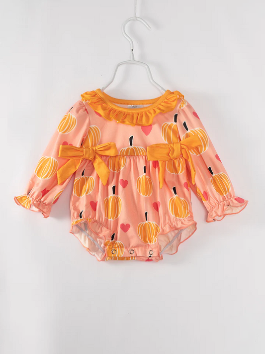 Baby Girls  Pumpkin Long Sleeve Bubble Romper Preorder 3 MOQ
