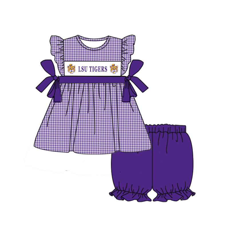 (5MOQ) Baby Girls Footall Team Purple LSU Summer Shorts Set Pre-order