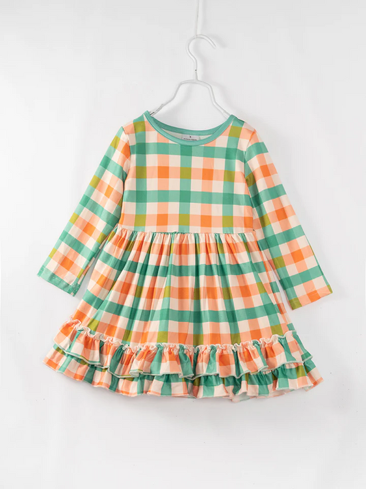 Baby Girls Fall Green Orange Checker Dress Preorder 3 MOQ
