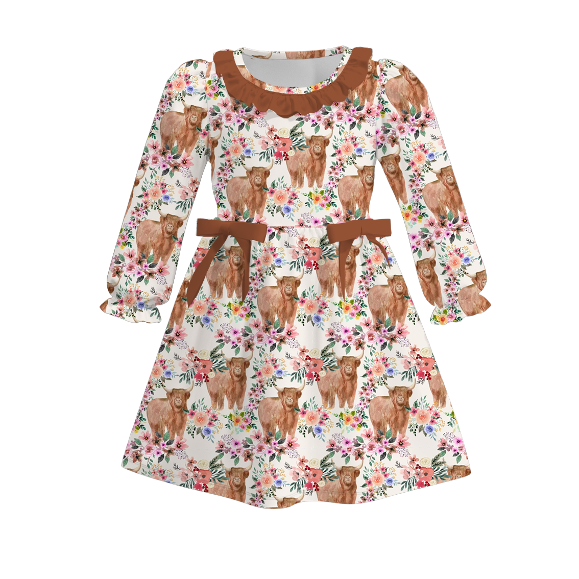 Baby Girls Highland Cow Flower Long Sleeve Dress Preorder 3 MOQ