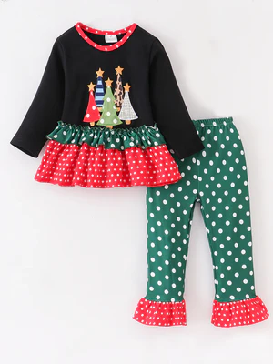 Baby Girls  Christmas Tree Ruffle Pants Set Preorder 3 MOQ
