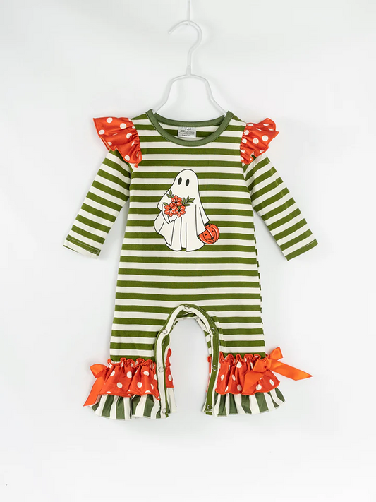 Baby Girls  Green Striped Gohst Long Sleeve Romper Preorder 3 MOQ